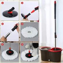 Hands-Free Spin Mop Bucket Set With 3 Microfiber Heads, Stainless Steel Stick, Wet Dry Use For Home Kitchen Office Cleaning - Đen và đỏ - Xem 7