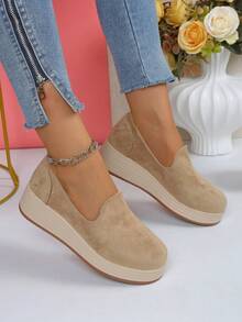 New Arrival Platform Thick Sole Slip-On Shoes, Fashionable Casual Loafers For All Seasons - Khaki - View 6