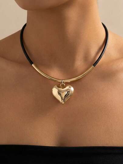 1件复古简约黑色绳索3D心形吊坠项链，女士款，适合日常佩戴、送礼、派对、休闲及假日佩戴，百搭饰品