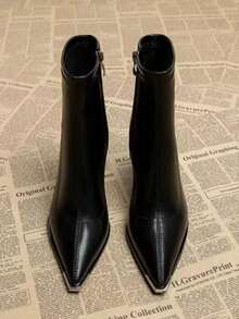 Botas de tobillo de tacón grueso con punta puntiaguda, negro, nueva moda otoño/invierno 2025. Botas de tobillo de ajuste delgado con cremallera lateral, estilo francés de alta gama, versátil y elegante. - Negro - Ver 2