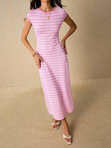 Vestido ajustado de mujer con rayas de moda, de verano - Rosa - Ver 5
