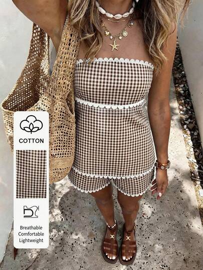 PoPoHouse Women's Cotton Lace Trim Plaid 2-Piece Set, Sexy Strapless Crop Top And Loose Shorts, Suitable For Daily Casual, Vacation, Beach, Party, Fashion Outfit, Brown & White Plaid Summer