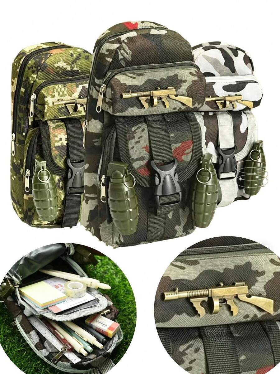 1 pieza Estuche de lápices con cremallera de gran capacidad y estampado de camuflaje, adecuado para niños, estudiantes de primaria para uso diario y regalo de regreso a la escuela, bolsa de almacenamiento de artículos de papelería de moda (hecho a mano, el patrón de camuflaje y los detalles de color pueden variar)
