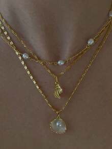1 Set Of 3pcs Shell, Pearl & Seashell Necklace, Beach Style Necklace Set, Suitable For Women's Daily Wear - Gold - View 1
