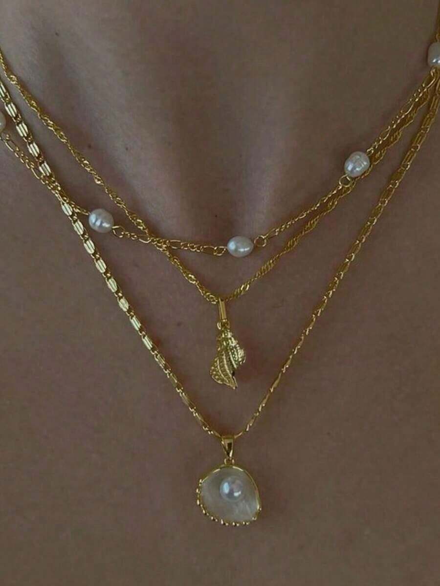 1 Set Of 3pcs Shell, Pearl & Seashell Necklace, Beach Style Necklace Set, Suitable For Women's Daily Wear - Gold - View 1