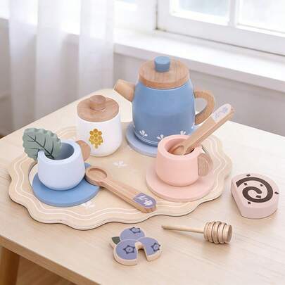 14 piezas Juego de té de madera para niños, incluye tetera, tazas, posavasos, cucharas, bandeja, postres, adecuado para niños, niñas, fiesta de princesa, príncipe, juegos de roles