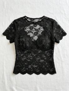 Áo kiểu ren xuyên thấu màu trơn tối giản cho kỳ nghỉ, áo crop top ren đen khoét lỗ mới cho mùa hè, áo thun tay ngắn ôm sát cổ yếm gợi cảm. - màu đen - Xem 3