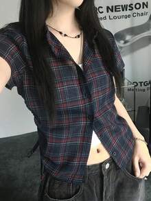 Áo sơ mi ngắn tay kẻ caro dáng ôm nhẹ, thắt dây rút, phong cách đường phố Hàn Quốc, thích hợp cho mùa hè. - Màu xanh đậm - Xem 3