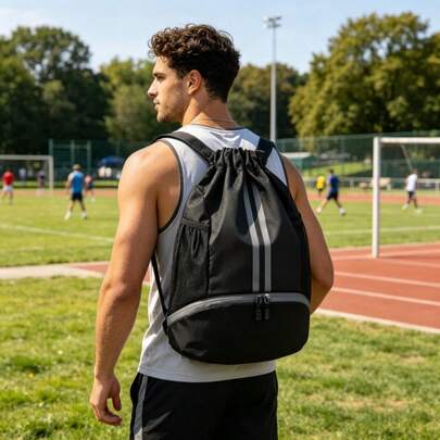 Drawstring Backpack Gym Bag With Shoes Compartment For Soccer, Basketball, Swim, Water-Resistant String Backpack Beach Cinch For Women Men