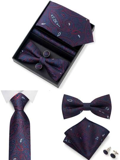 AlanKing Hộp quà tặng gồm cà vạt và nơ đeo cổ nam họa tiết Paisley, thích hợp cho các buổi dạ hội, công việc kinh doanh, đám cưới, hoặc làm quà tặng ngày lễ.