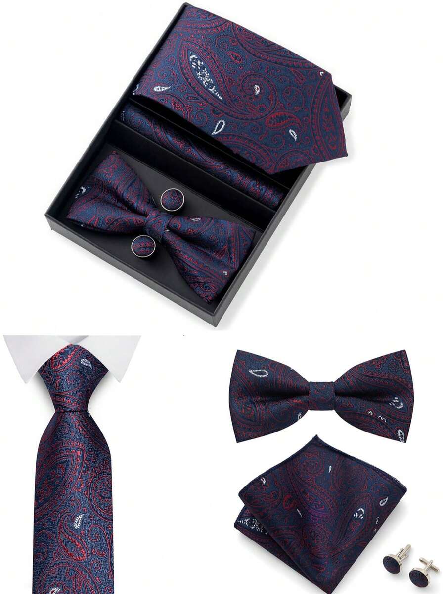AlanKing Hộp quà tặng gồm cà vạt và nơ đeo cổ nam họa tiết Paisley, thích hợp cho các buổi dạ hội, công việc kinh doanh, đám cưới, hoặc làm quà tặng ngày lễ. - Màu sắc hỗn hợp - Xem 1