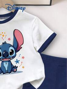 Disney 两件套史迪奇女婴休闲短裤套装，卡通“史迪奇”印花短袖T恤，松紧腰带，纯色弹力短裤，舒适透气，时尚百搭，适合女婴穿着。 - 藍色 - 查看 5