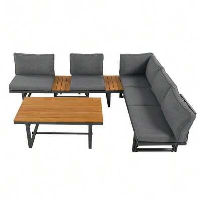 Gartenmöbel-Set, Grey, 3-Teiliges Set Mit 2 Sofas, Tisch, Pulverbeschichtetem Eisengestell, Verstellbarer Rückenlehne, Akazienholz, Verstellbarem Tisch, Inklusive Aller Sitzkissen Und Kissen