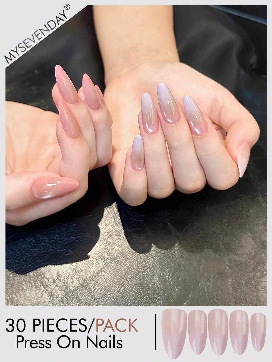 30pcs Short Almond Shape/Luxury Nude Ombre Long Stiletto False Nails, Suitable For Daily Commute, Party And Casual Wear - Multicolor - View 1
