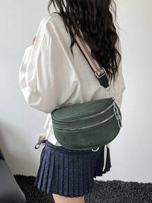 Tas Pinggang Bergaya dengan Resleting Ganda, Tas Selempang Wanita Kulit Sintetis dengan Tali Lebar - Hijau - View 4