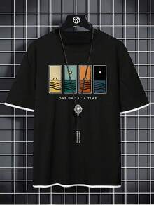 GRDR Men's Summer Classic 2 In 1 Round Neck Short Sleeve T-Shirt, Printed, Fashionable Minimalist Commuting Versatile - Black - View 5