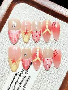 Handmade Wearable Nail Tips, Short Flat Shape, Nude Color With Pink, White, Yellow French Tips, Contrast Color Design, Hand-Painted Pink Ripple And Red Polka Dot, Handmade 3D Embossed Flowers, Transparent Shell Pattern Drag Design, Pink Ombre Design, Transparent Water Drop Decor, Sparkling Rhinestones, Romantic Vacation Style, Soft And Sweet, Reusable - Multicolor - View 4