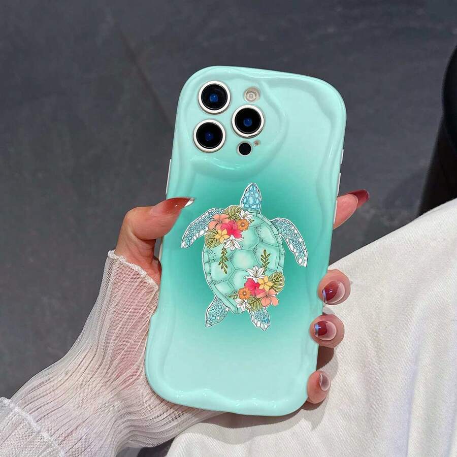 1pc Fashionable TPU Phone Case With Sea Turtle Graphic On Blue Background And White Cream Texture, Thick Anti-Slip Protective Cover Compatible With IPhone, Honor, - Beige - View 1