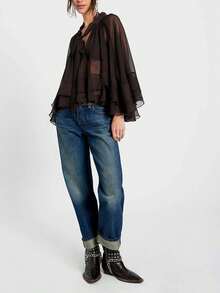 Y2K Gothic Sheer Chiffon Blouse, Tiered Ruffle Flare Long Sleeve Tie Neck Crop Top, Dark Feminine Summer Tops for Women Going Out Festival - marrón rojizo - Ver 4