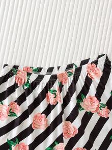 2pcs Striped Rose Print Women's Pajama Set, Quality Satin Fabric, Soft & Comfortable, Loose Cardigan Short Sleeve & Shorts Sleepwear Set, Elegant Ladies Loungewear - Black - View 9