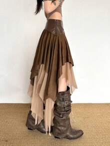 Chân váy midi xếp ly bất đối xứng YeonC bằng vải tuyn theo phong cách hậu tận thế dành cho nữ, được làm từ chất liệu polyester bán trong suốt, đa năng cho phong cách đường phố, phù hợp cho các bữa tiệc và buổi hòa nhạc. - màu nâu - Xem 5