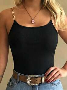 Summer Casual Solid Color Chain Strap Round Neck Bodycon Camisole Black - Black - View 1