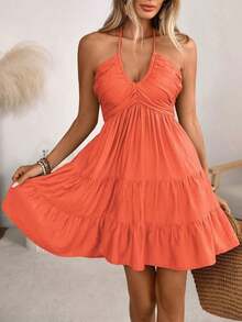 Vestido de lino con nudo de bambú para mujer, de Wandoria, para primavera/verano, ideal para vacaciones en la playa, estilo bohemio, con frunces en el busto, falda de varios niveles, corte e - Naranja - Ver 6