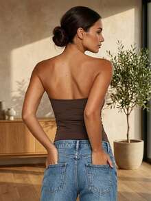 Womens Pleated Strapless Tube Top - Slim Fit Ruched Bandeau For Summer Vacation  Night Out - Brown - View 6