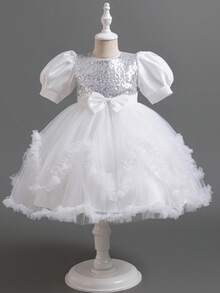 Girls Sequin Short Sleeve Tulle Princess Dress, Cute Girl Party Dress For Wedding, Birthday, Banquet, Runway, Piano Recital, Evening Gown - White - View 3