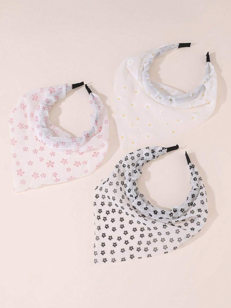 3pcs/Set Girls' Floral Fabric Bandana & Headband Set, Suitable For Daily Decoration - Multicolor - View 1