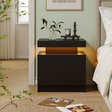 Night Stand Set 2 LED Bedside Table With Wood 2 Drawers Modern End Side Table For Bedroom - Black - View 3