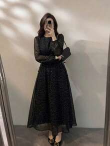 Đầm chấm bi cổ tròn dáng casual dành cho nữ, thích hợp cho hẹn hò, du lịch, đi chơi. - màu đen - Xem 4