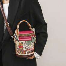 Borsa a cilindro stampata in PU bianco, borsa a tracolla con cerniera alla moda, borsa a spalla minimalista urbana - Rosa - Visualizzare 5