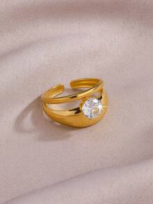 1枚可调节线条设计不锈钢几何戒指，立方氧化锆液态金属风格戒指，2026新款奢华婚礼情侣珠宝礼物，适合女性/女孩，搭配现代简约服饰，增添动感造型 - 金色 - 查看 9