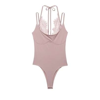 DEEKA Summer New Women's Fashion Sexy Contrast Lace Halter Bodysuit Pink Elegant