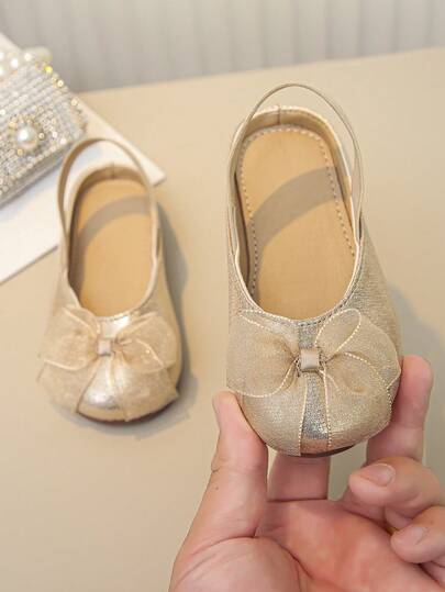 女童金色网纱蝴蝶结公主鞋，软底防滑幼儿表演礼服鞋