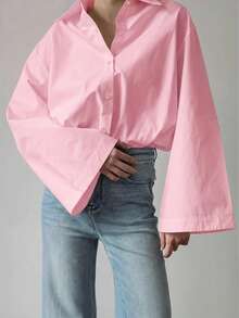 Women's Elegant Solid Color Casual Turndown Collar Long Sleeve Shirt, Polyester, Graceful For Office & Daily Wear, Spring/Summer Pink - Pink - View 6