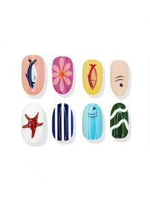 24pcs/Set Oval Spring/Summer Shark Stripe, Flower, Starfish & Marine Life Press-On Short Nails, Suitable For Hot Girls, Office Ladies, Parties, Dates And Daily Wear - Multicolor - View 2
