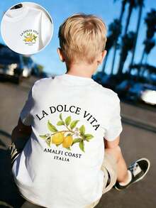 Camiseta con estampado de limones de la de Amalfi "La Dolce Vita" para niño preadolescente, de tela suave y cómoda, adecuada para deportes al aire libre, uso casual, ropa urbana, uso en el campus, una versátil opción de moda para niños preadolescentes en primavera/verano - Blanco - Ver 2