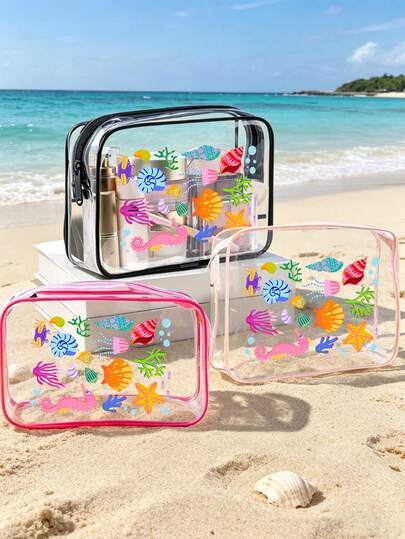 1pc Transparent Cosmetic Bag With Ocean Creature Pattern | Portable Organizer Pouch | Colorful Summer Ocean Themed Zipper Storage Bag | Makeup Bag | Skincare Storage | Travel Organizer | Cute Crab Pattern | Travel Essential | Dorm Supplies | Bathroom Storage | Travelers' Favorite | Vacation Essential | Wedding Gift | Party Favor | Birthday Gift | Back To School Gift | Quality Travel Gift | Mother's Day Gift | Teacher's Gift