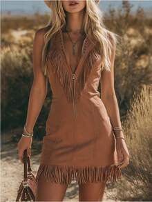 Mother's Day Gift 2026 Summer Western Style Vintage V-Neck Knitted Fabric Tassel Faux Suede Dress Slim Fit Suitable For Bohemian Style Mini Midi Dress - 淺棕色 - 查看 12