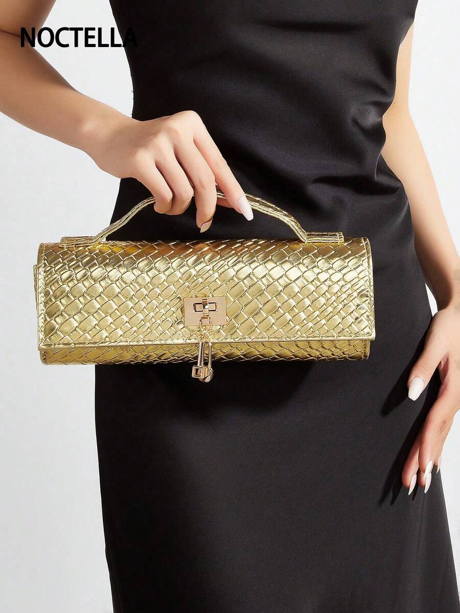 Noctella Fashionable Luxury Gold Crocodile Embossed PU Clutch Bag, With Shiny Metallic Silver Finish, Accented By Square Lock Clasp And Cylindrical Handle. Ideal For Attending Galas, Cocktail Parties And Red Carpet Events, Effortlessly Creating A Bold And Glamorous Fashion Statement. A Perfect Gift For Women. - Gold - View 1
