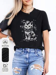 Áo nữ cỡ lớn phong cách retro punk họa tiết mèo, cổ tròn, tay ngắn, kiểu Y2K, thích hợp mặc mùa hè. Áo thun nữ màu đen tối giản, cổ tròn, tay ngắn, họa tiết mèo độc đáo, thích hợp dự tiệc hoặc mặc thường ngày. - màu đen - Xem 6