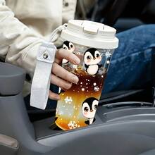 Conjunto de 5 copos de plástico de 500ml em formato de pinguim, com canudo e alça de corda. Copo anti-vazamento para café gelado, garrafa de água com estampa de floco de neve, ideal para uso diário e também um presente perfeito para estudantes e meninas. Presente adorável e charmoso para feriados, aniversários e volta às aulas; adequado para escola, trabalho, casa e atividades ao ar livre. - Pinguim Multicolorido - Ver 5