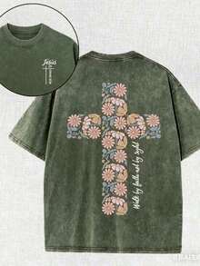 Summer Tops2026Christian Washed T-Shirt, Jesus, Faith, Floral Cross Pattern T-Shirt "Walk By Faith Not By Sight","Jesus Is Coming Soon", Religious Ele - 軍綠色 - 查看 1
