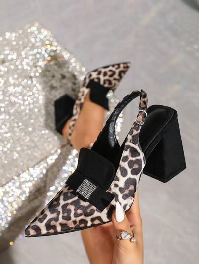 Vintage Leopard Print Block Heel Pumps, Crystal Decor Ankle Strap Sandals, Versatile Work & Date Shoes For Women