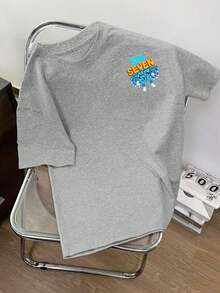 Kaos Anak Laki-laki Lengan Pendek Leher Bulat Bergambar Kartun Angka "67" & Huruf, Pakaian Anak Musim Semi/Panas Terbaru - Grey - View 3