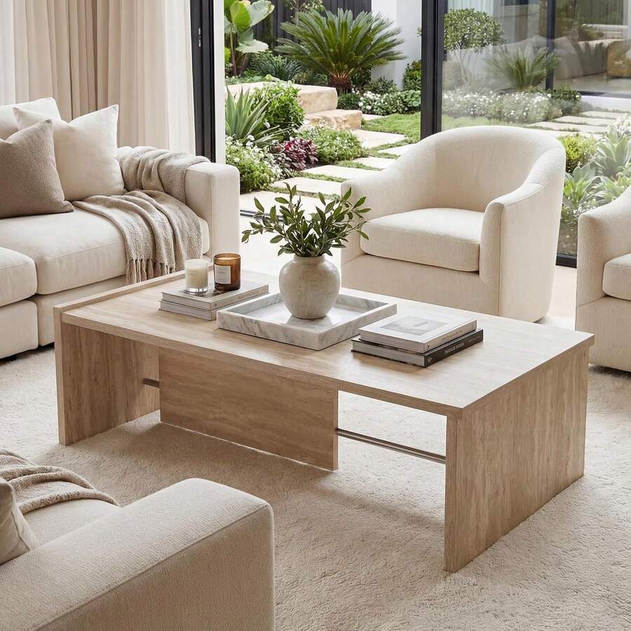 Mesa de centro rectangular moderna de falso travertino, mesa de acento con marco minimalista y resistente para sala de estar, oficina o apartamento, color beige natural - Aspecto de mármol sintético - Ver 1