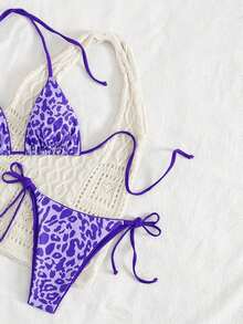 2pcs/Set Women Leopard Print Spaghetti Strap Tie Sexy Bikini Swimwear, Suitable For Beach Vacation Summer - Màu tím - Xem 5