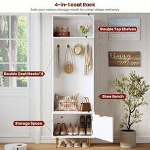 Árbol de entrada ahorrador de espacio con banco y almacenamiento – Perchero de 74 pulgadas, 4 ganchos dorados, patas de metal, organizador de zapatos – Mueble moderno para recibidor o sala de estar – Blanco - Blanco - Ver 7